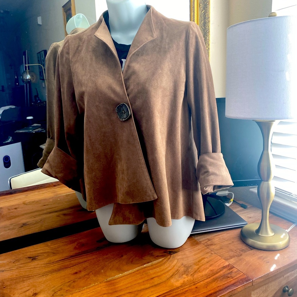 Tan, single button, faux suede jacket